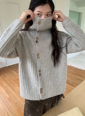dorydory复古翻领坑条毛衣开衫杂点羊毛单排扣秋冬高级设计感高领