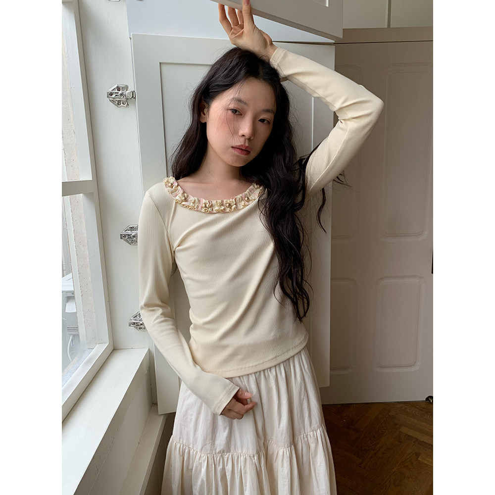 dorydory白色木耳边小金扣打底衫长袖T恤修身内搭高级感,女装/女士精品,T恤,淘宝优惠券,粉丝福利购,淘宝优惠卷