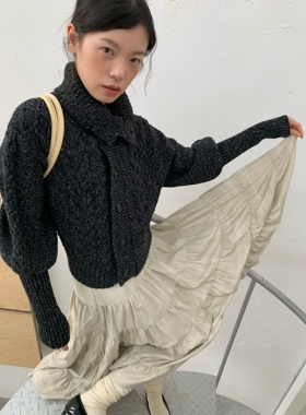 dorydory 黑色高领斗篷毛衣开衫复古显瘦短款秋冬女杂点粗支针织