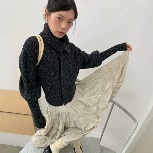 dorydory 黑色高领斗篷毛衣开衫复古显瘦短款秋冬女杂点粗支针织