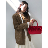 dorydory圆领重工枯黄色绣珠西装 外套气质名媛高级感休闲上衣