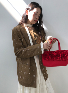 dorydory圆领重工枯黄色绣珠西装外套气质名媛高级感休闲上衣