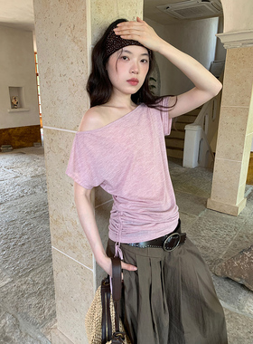 dorydory  斜肩百搭抽绳T恤罩衫超好看独特漂亮露肩设计感上衣