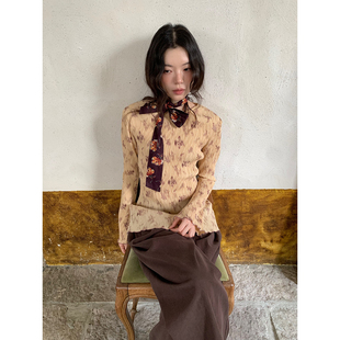 肌理感上衣内搭叠穿打底衫 dorydory早秋新款 复古花朵印花褶皱长袖