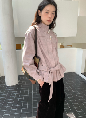 dorydory 粉紫色牛角扣立领花苞外套女秋冬新款短款系带收腰高级