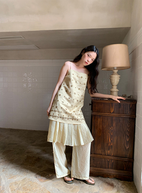 dorydory复古绣珠一字领吊带连衣裙夏日绝美小裙子海边度假连衣裙