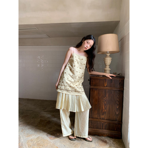 dorydory复古绣珠一字领吊带连衣裙夏日绝美小裙子海边度假连衣裙