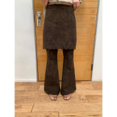 女秋冬小众设计感微喇显瘦长裤 dorydory 棕色镂空花边麂皮裙裤