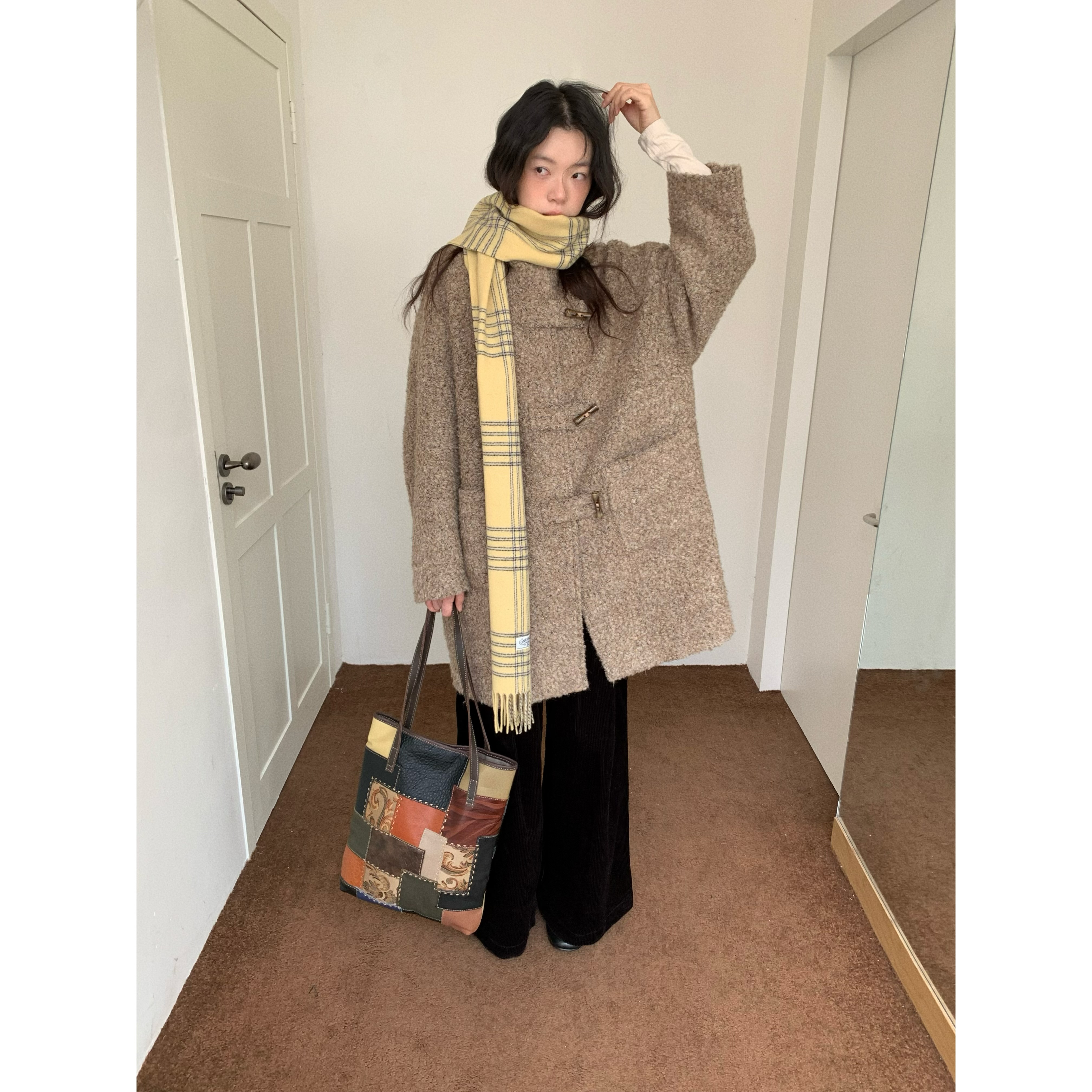 dorydory 卡其色牛角扣圈圈毛大衣女立领中长款羊毛毛呢外套秋冬