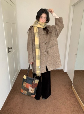 dorydory 卡其色牛角扣圈圈毛大衣女立领中长款羊毛毛呢外套秋冬