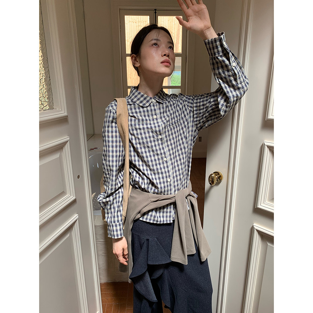 dorydory藏青色格纹小圆领衬衫新中式上衣蓝色减龄洋气格子衬衣