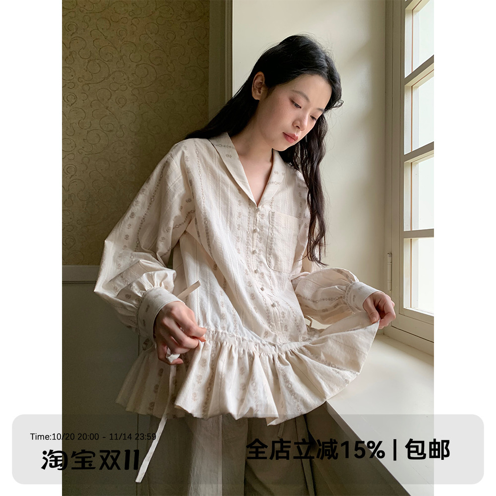 dorydory提花系带花苞长袖V领衬衫女设计感开春小众穿搭减龄洋气