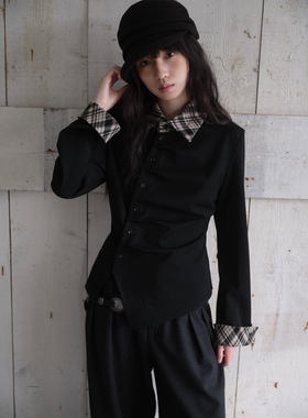 dorydory 撞色格纹压褶收腰衬衫2026春新款百搭显瘦设计感上衣女