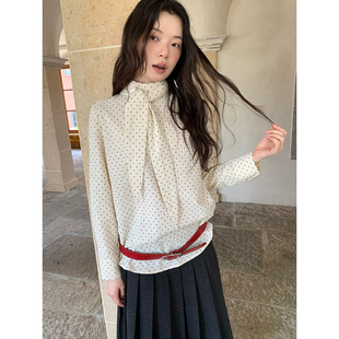 dorydory 春季新款波点系带领衬衫女多种穿法高领小众百搭衬衣