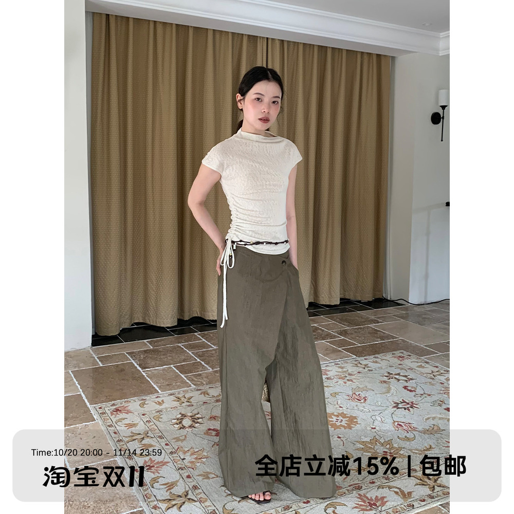 dorydory  雪点斜肩领抽绳短袖T恤女夏季独特绝美短款上衣打底衫
