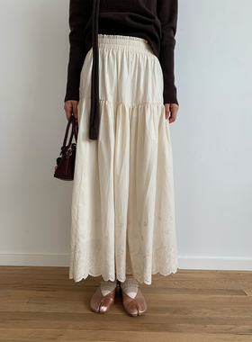 dorydory棉质波浪边白色半身裙拼接中长款长裙秋冬2024新款