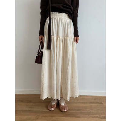 dorydory 设计感棉质波浪边白色半身裙拼接中长款长裙秋冬