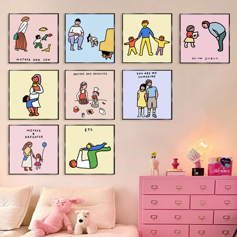 免打孔简约现代治愈系一家三口四口暖色挂画系儿童房装饰画客厅图片