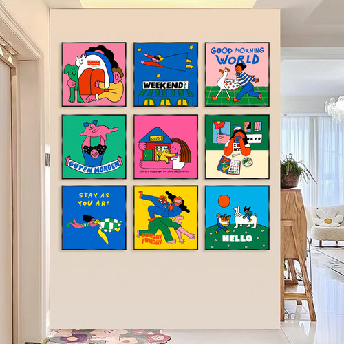 多巴胺卡通装饰画趣味挂画海报店铺沙发背景墙壁画客厅玄关儿童房