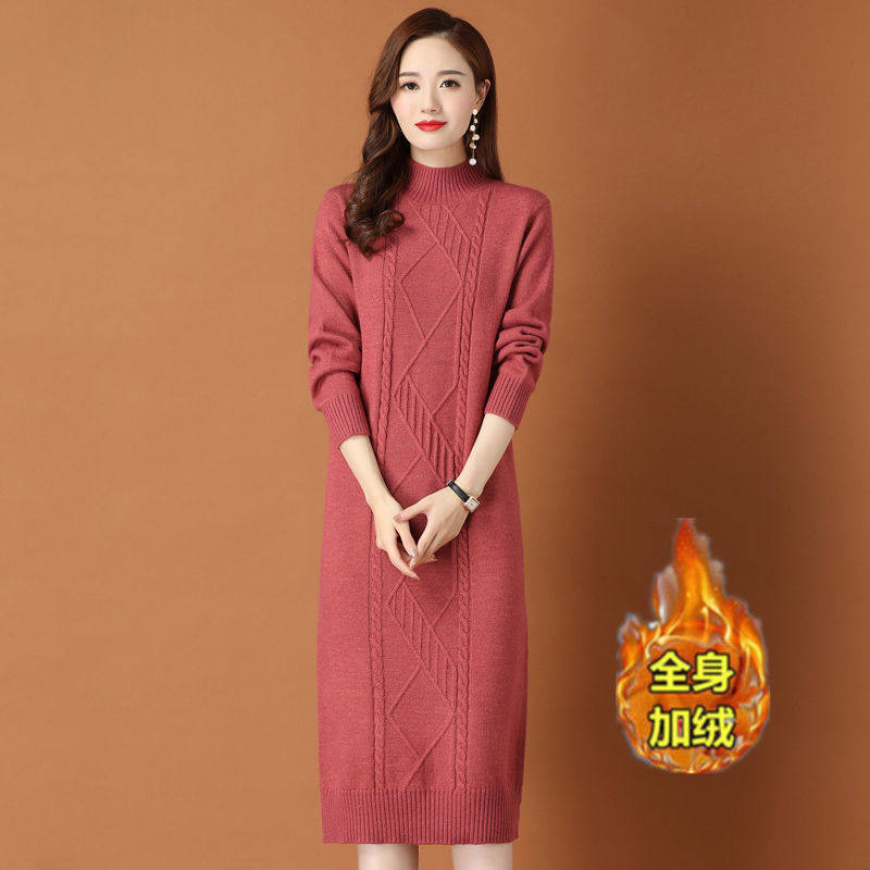 PLUS SIZE PLUSH PADDED KNIT SWEATER WOMENS LONG OVER-THE-KNEE HALF TURTLENECK SWEATER DRESS AUTUMN AND WINTER DRESS COAT TIDE