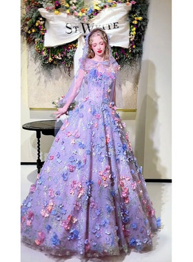 浪漫风抹胸立体花朵礼服女紫色大摆长裙超仙梦幻晚装