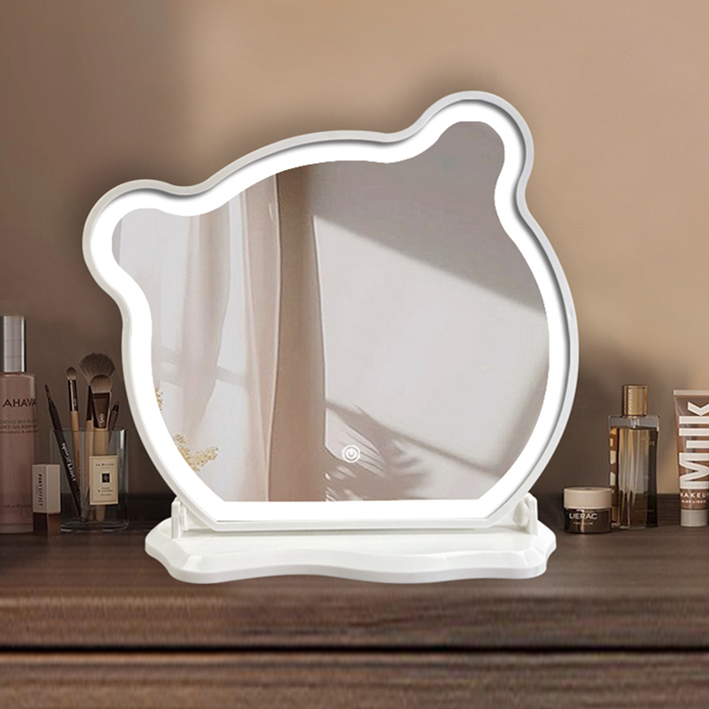 小熊化妆镜LED带灯可爱卡通美妆镜桌面台式公主风大号梳妆镜子