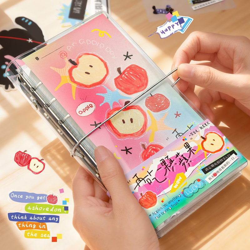 可爱苹果卡通手账本透明封面防水软壳活页装订多功能记事本小学生日记本笔记本大容量空白网格内页A6手帐本子