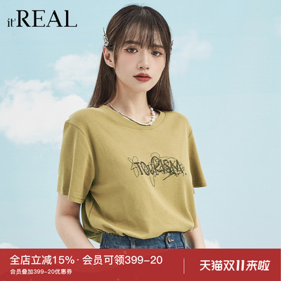 瑞尔短袖美式复古字母短袖上衣