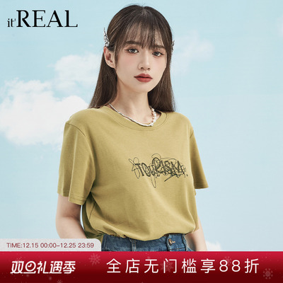 瑞尔短袖美式复古字母短袖上衣