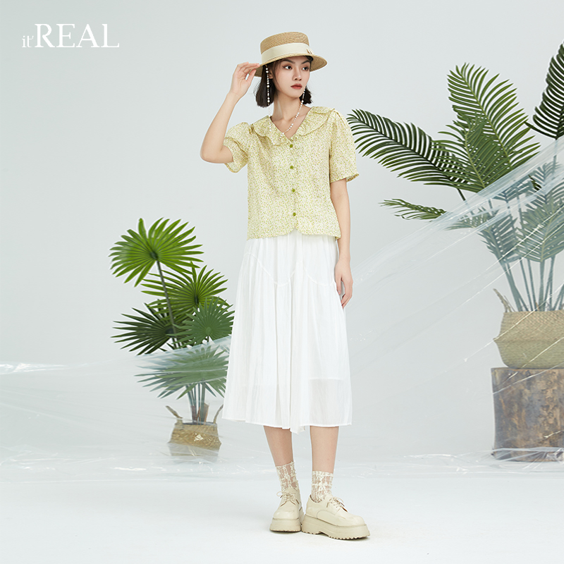 itREAL瑞尔2023夏季新款女士短袖衬衫法式复古风碎花休闲显瘦衬衣