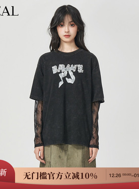 it'real瑞尔美式复古T恤夏季新款拼接蕾丝长袖高街做旧上衣女