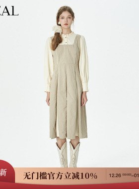 it'real瑞尔秋季新款田园风假两件长袖中长款收腰显瘦连衣裙