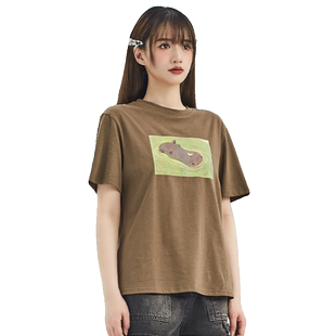 it'real瑞尔夏新款美式复古短T恤女小众河马印花短袖上衣女