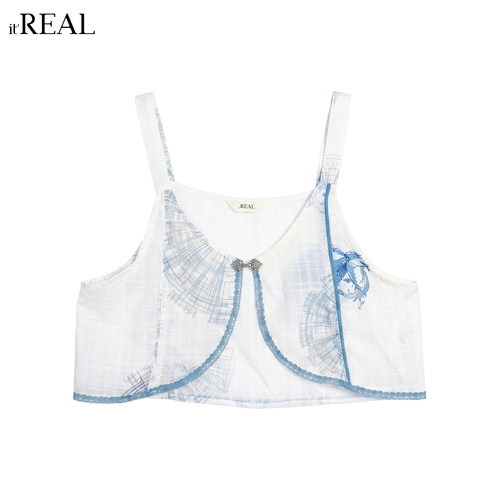 新中式蓝白印花吊带背心女盘扣
