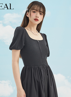 it'real瑞尔夏新款法式复古U领短袖拼接假两件A字小黑裙