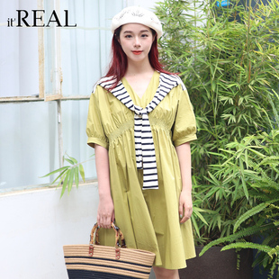 it'real瑞尔夏新款法式复古假两件连衣裙条纹坎肩拼接裙子