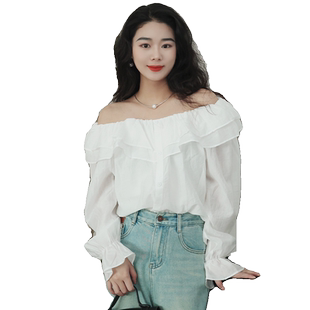 it'real瑞尔春新款法式一字肩衬衫花边荷叶袖白色罩衫上衣女