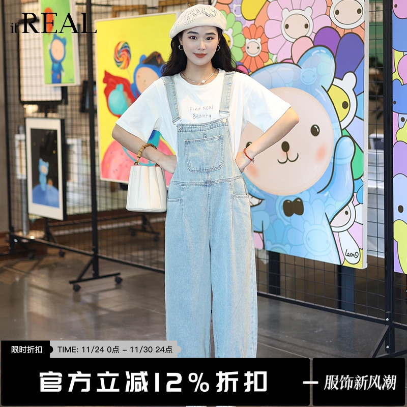 瑞尔背带裤长牛仔自然腰