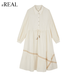 长裙 real瑞尔翻领抽绳收腰连衣裙女撞色织带拼接温柔风春季