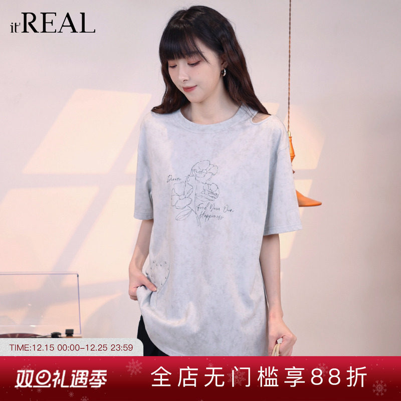 瑞尔短袖美式复古露肩破洞