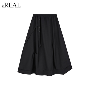 长裙 real瑞尔松紧腰不规则半身裙女侧排扣飘带设计甜酷风春季