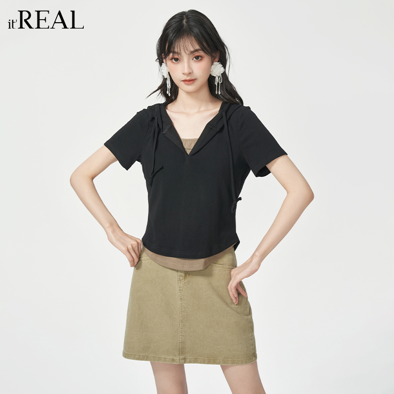 it'real瑞尔连帽短袖T恤女2025新夏季假两件短袖轻薄卫衣收腰上衣