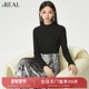新款 real瑞尔冬季 国风拼接假两件收腰碎花中长T恤连衣裙
