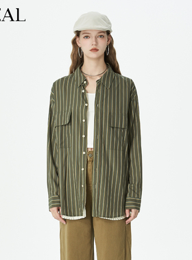 it'real瑞尔秋季新款法式复古双面一衣两穿长袖条纹衬衫女