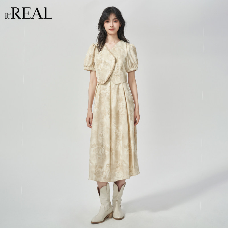 it'real瑞尔夏季新款新中式假两件连衣裙高腰气质国风长裙子