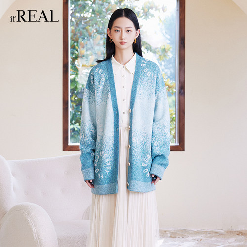 瑞尔V领复古宽松羊毛渐变毛衣