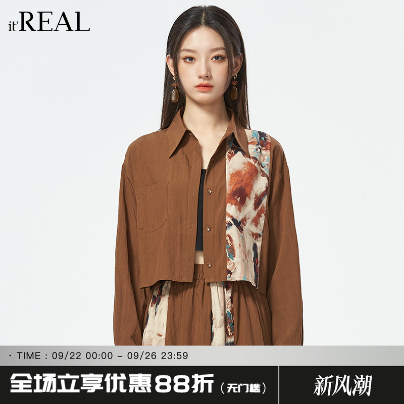 衬衫短款复古长袖拼接印花