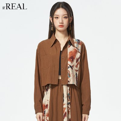 衬衫短款复古长袖拼接印花