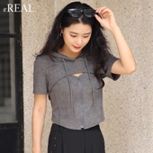real瑞尔夏新款 短袖 连帽内搭坎肩两件套短袖 上衣背心套装 女