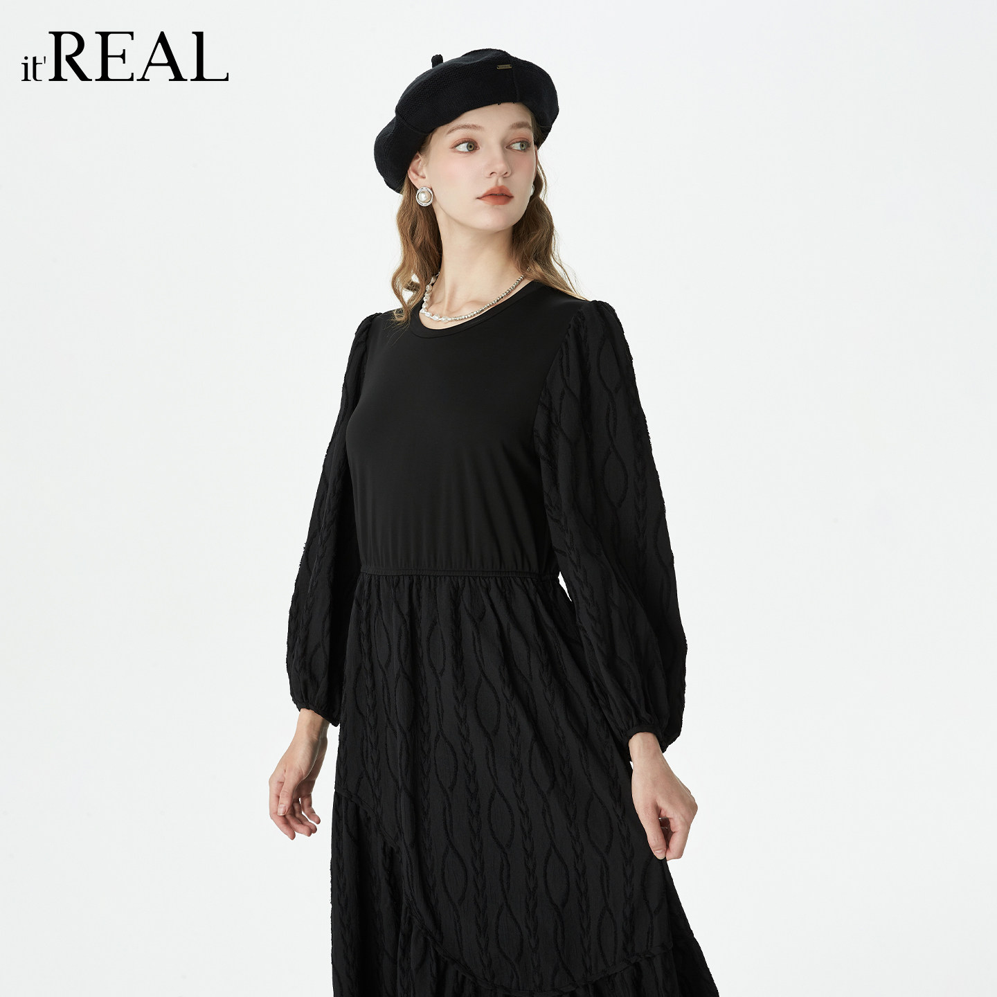 it'real瑞尔秋季新款优雅气质小黑裙肌理提花显瘦长袖连衣裙,女装/女士精品,连衣裙,淘宝优惠券,粉丝福利购,淘宝优惠卷